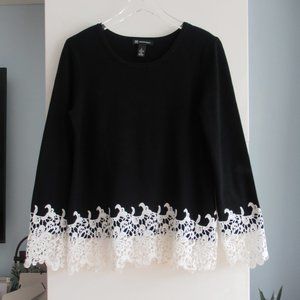 INC Women's Sz L Round Neck Guipure Lace Detail Sweater Long SLV, Stretch Black